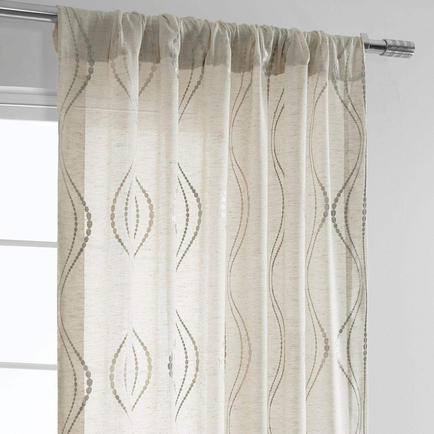 Suez Natural Embroidered Striped Patterned Faux Linen Sheer Curtain - Image 3