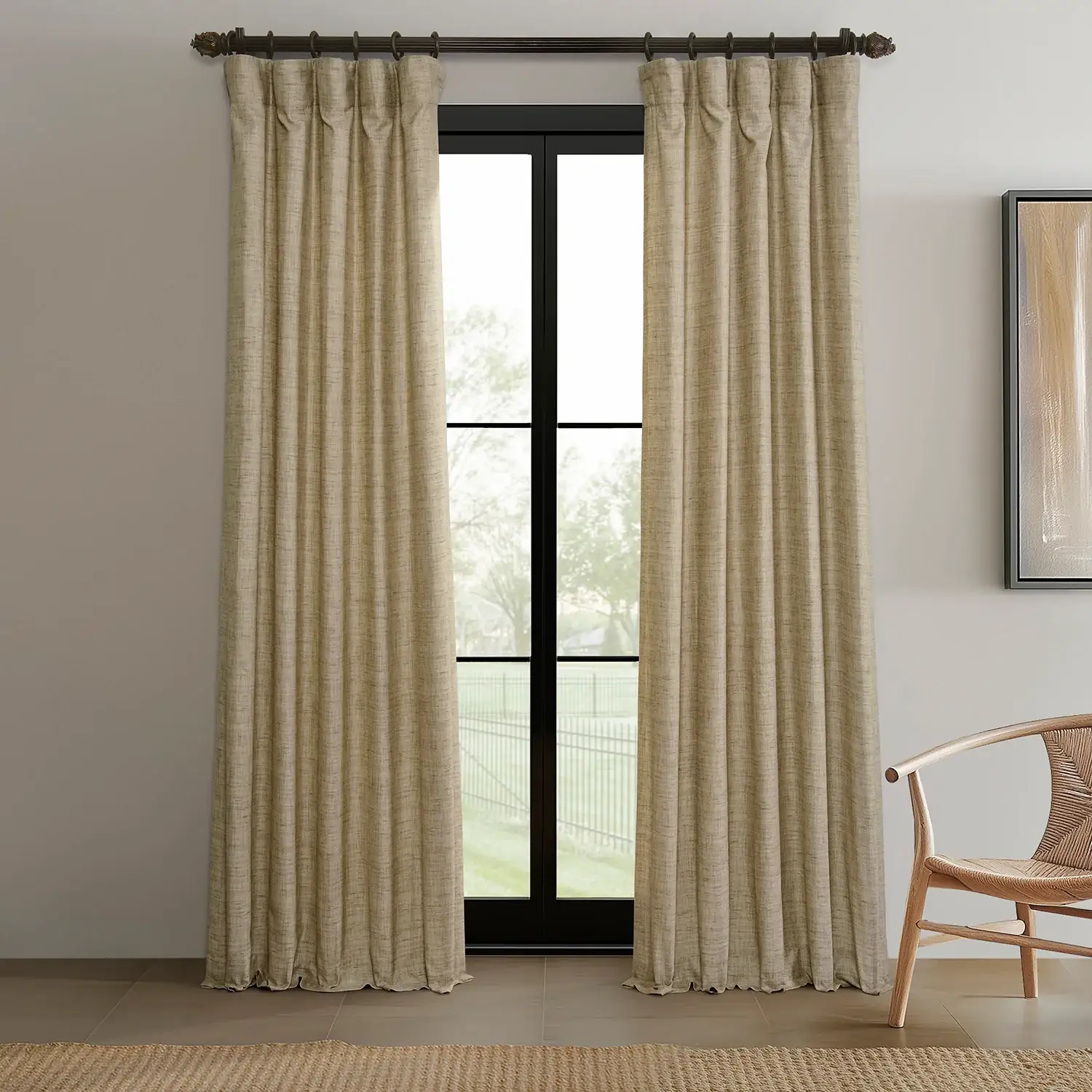 Tan Raw Linen Weave Semi-Sheer Curtain Pair (2 Panels)