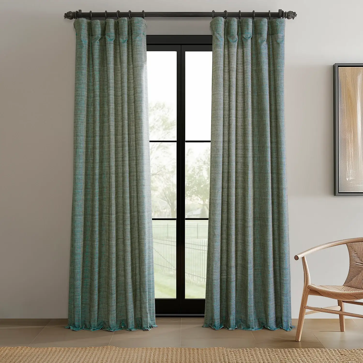 Teal Blue Raw Linen Weave Semi-Sheer Curtain Pair (2 Panels)