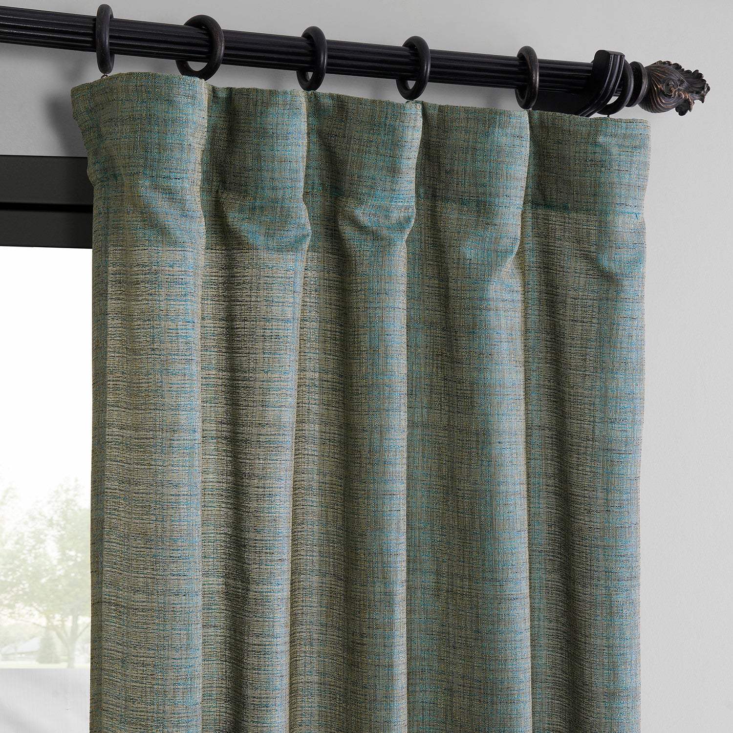 Teal Blue Raw Linen Weave Semi-Sheer Curtain Pair (2 Panels) - Image 2
