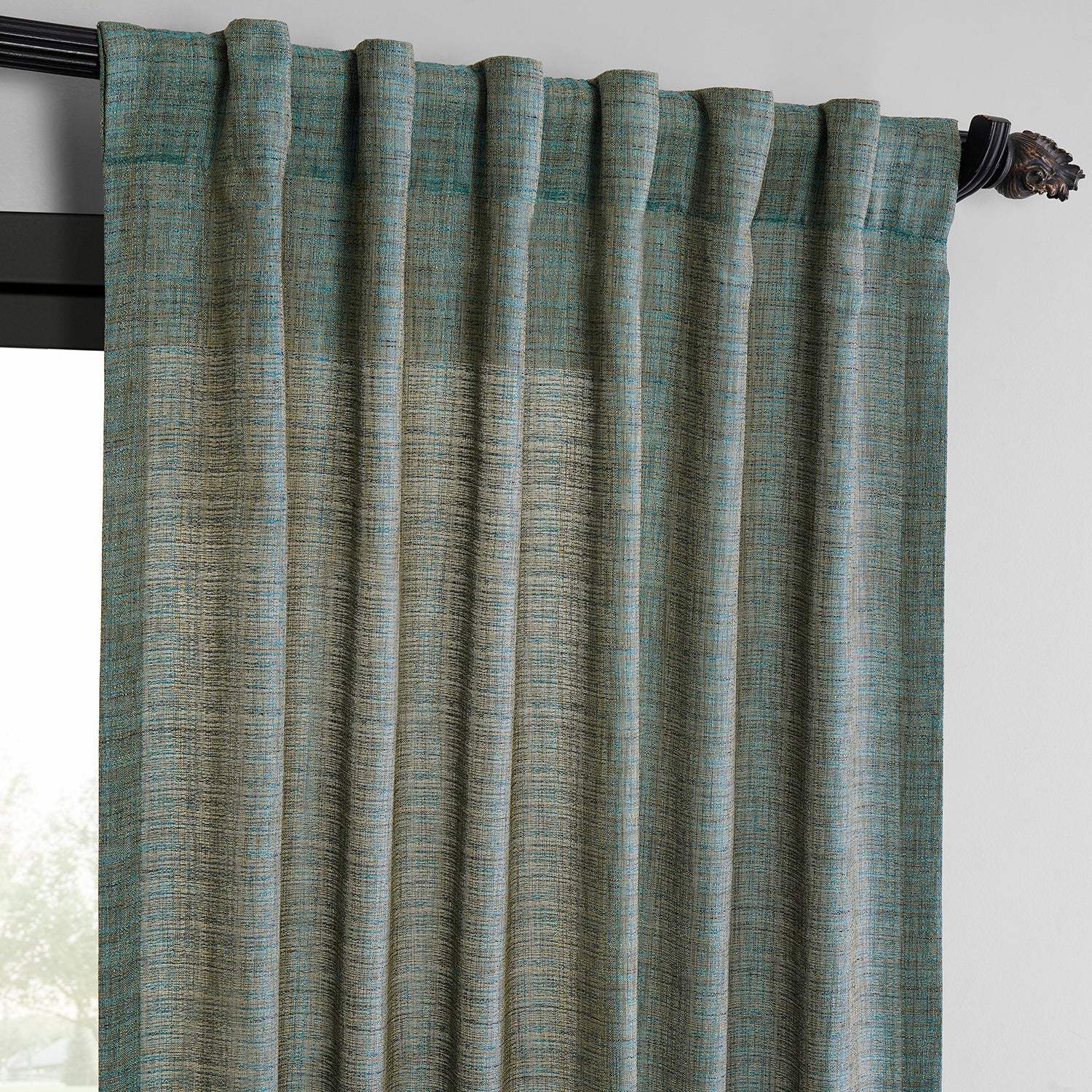 Teal Blue Raw Linen Weave Semi-Sheer Curtain Pair (2 Panels) - Image 3