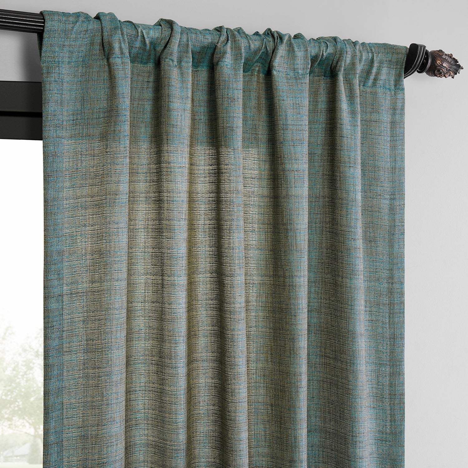 Teal Blue Raw Linen Weave Semi-Sheer Curtain Pair (2 Panels) - Image 4