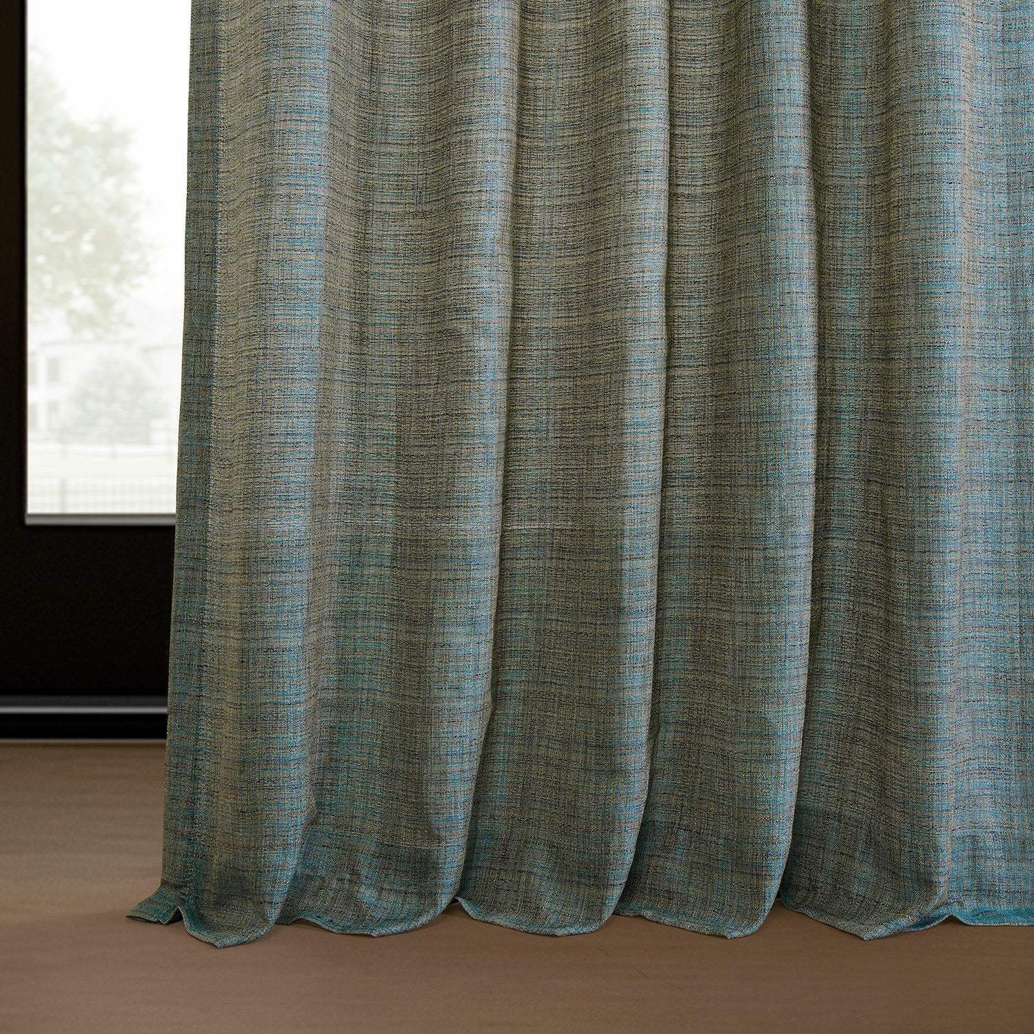 Teal Blue Raw Linen Weave Semi-Sheer Curtain Pair (2 Panels) - Image 6
