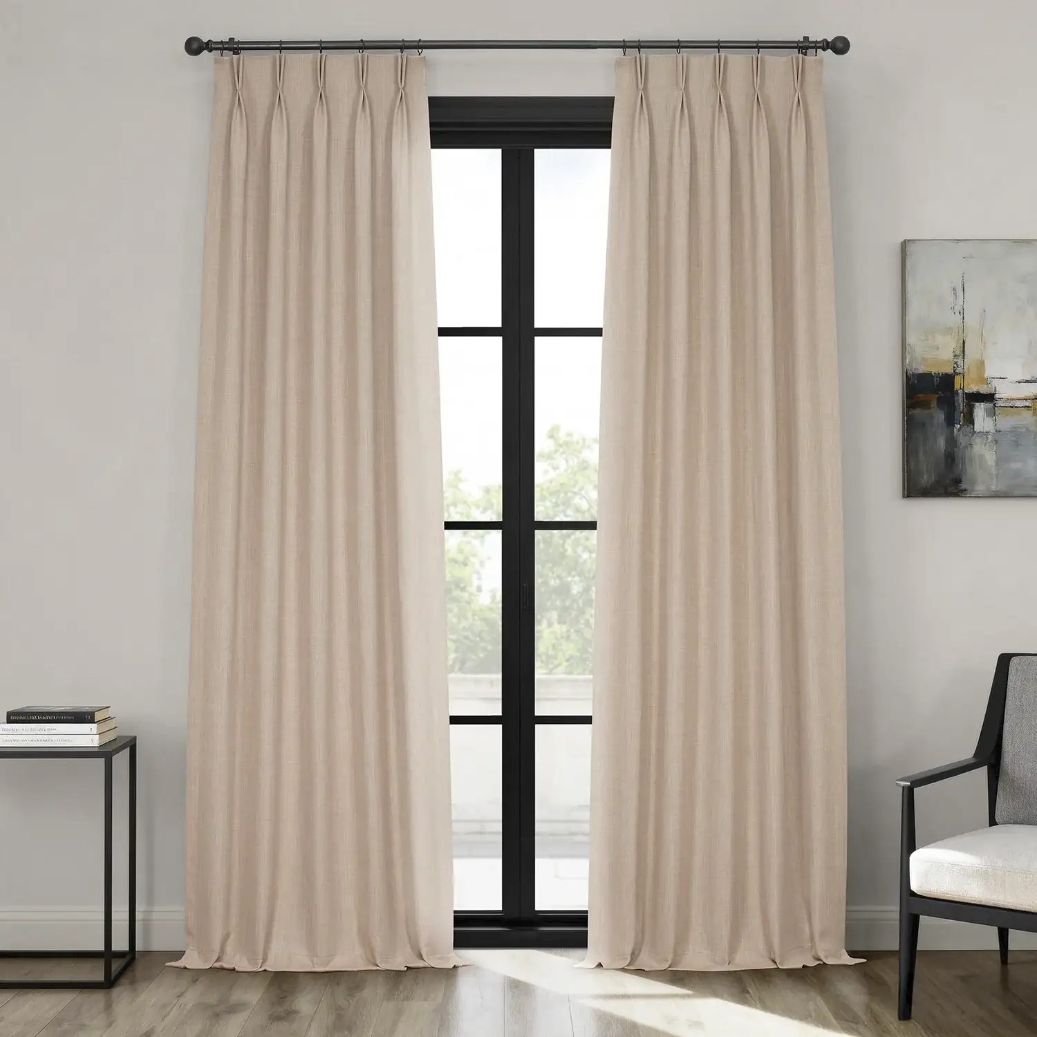 Thatched Tan French Pleat Textured Faux Linen Room Darkening Curtain