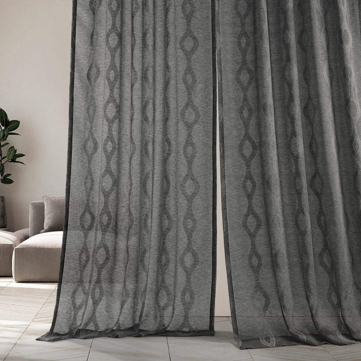 Vega Charcoal Striped Patterned Faux Linen Sheer Curtain - Image 5