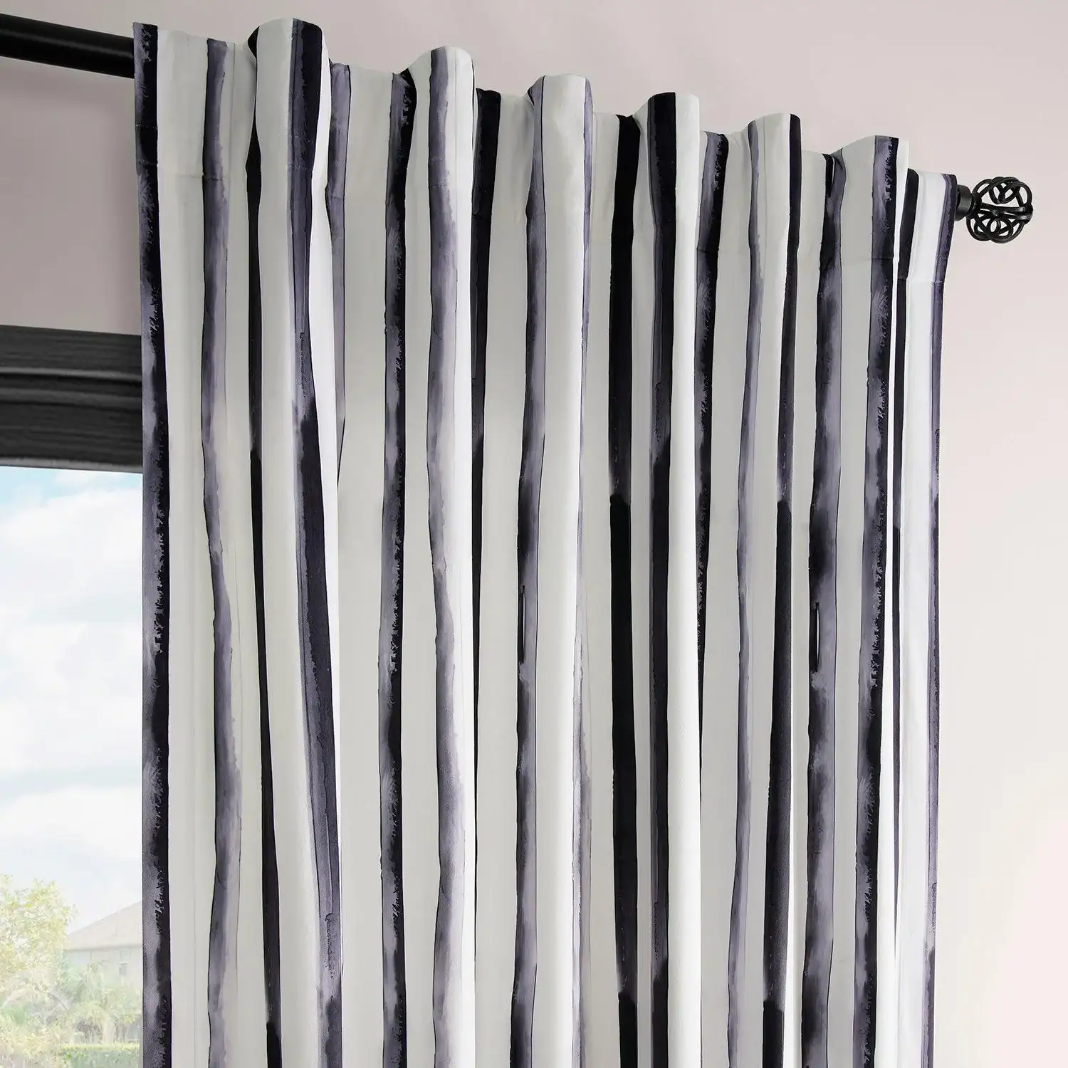 Waves Vertical Charcoal Striped Barcelona Velvet Room Darkening Curtain - Image 3